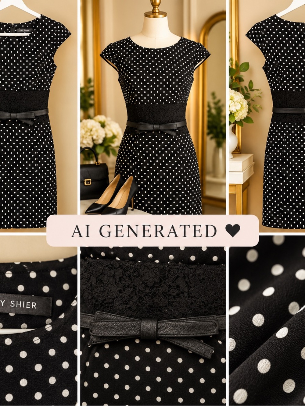 Suzy Shier Black & White Polka Dot Belted Dress with Bow | Size M